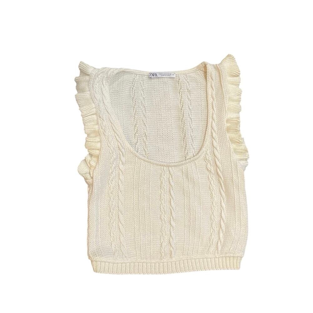 Zara Ivory Cable Knit Ruffle Sleeve Tank Crop Top Sweater Vest SZ S Coquette